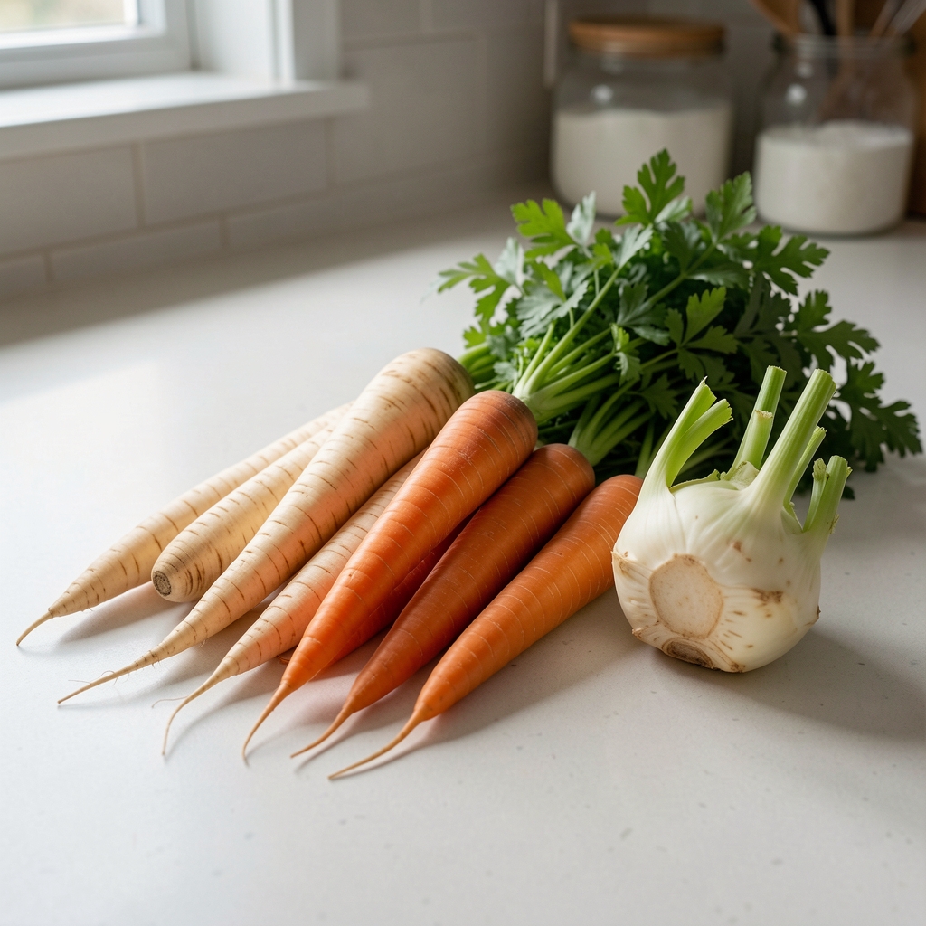 An assortment of winter root vegetables including parsnips, carrots and celeriac displayed on a pale kitchen surface