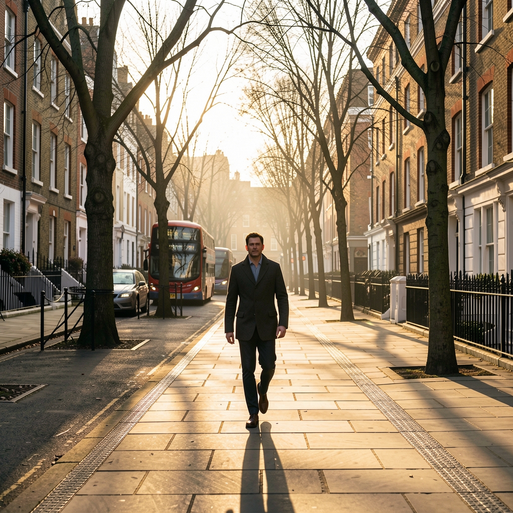 Person walking along a tree-lined London street in the early morning with long shadows cast on the pavement